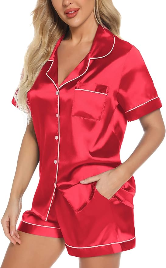Samring Women's Silk Satin Pajamas Set Short Sleeve Sleepwear Two Piece Button Down Pj Set with Pockets S-XXL
