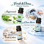 Essential Oil Diffuser & Essential Oils Set, Glass Aromatherapy Diffuser with 7 LED Colors, 6 Oils Gift Pack (Clean Home, Peppermint, Blossom Soapy, Soft Powder, Fresh Cotton, Fresh Linen)