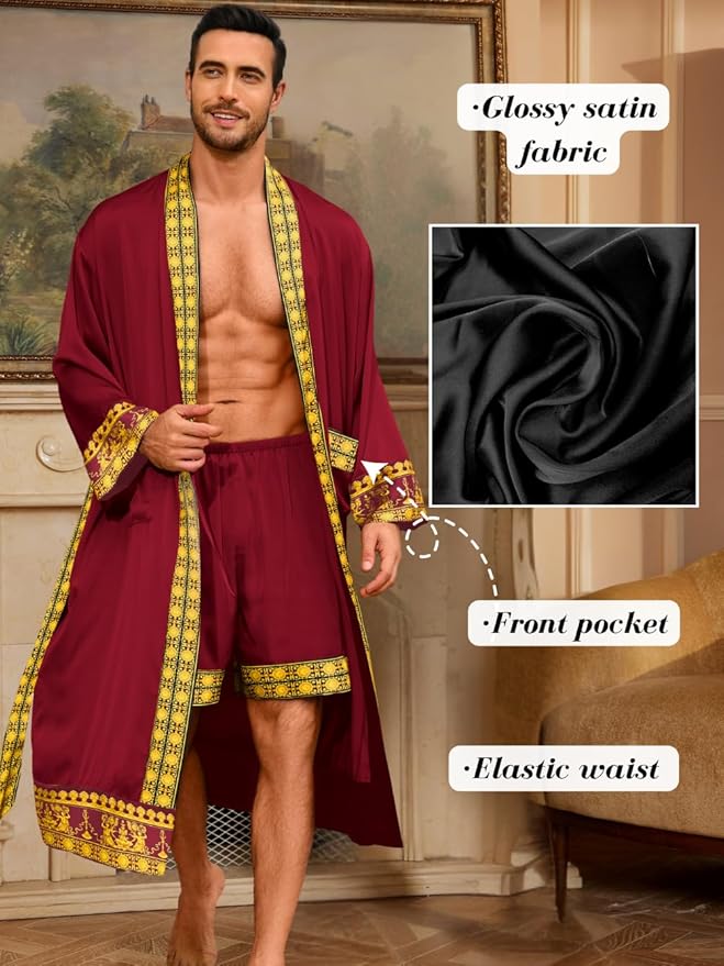 ChiaoLezhee Men's Luxury Silky Robe & Shorts Set, 2PC Lightweight Satin Pajamas with Pockets, Opulent Baroque Kimono Gifts