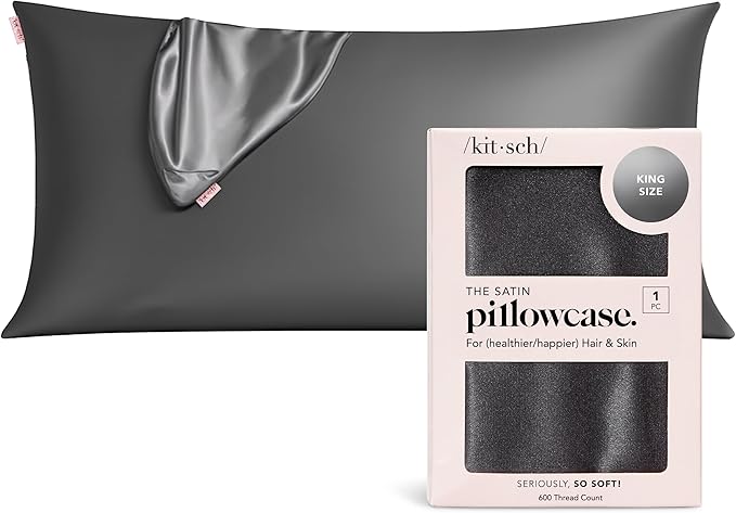 Kitsch Satin Pillowcase with Zipper for Hair & Skin - Softer Than Silk Pillow Cases, Smooth Cooling Satin Pillow Case, Wrinkle-Free, Machine Washable - King Size Satin Pillow Case (19x36) - Charcoal
