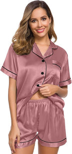 SWOMOG Womens Silk Satin Pajamas Set Short Sleeve Sleepwear Button Down Top and Shorts Loungewear 2 Piece Pjs Set XS-3XL
