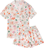 LYANER Women's Silky Satin Pajamas Set Short Sleeve Button Down Shirt With Shorts Pjs Set Sleepwear