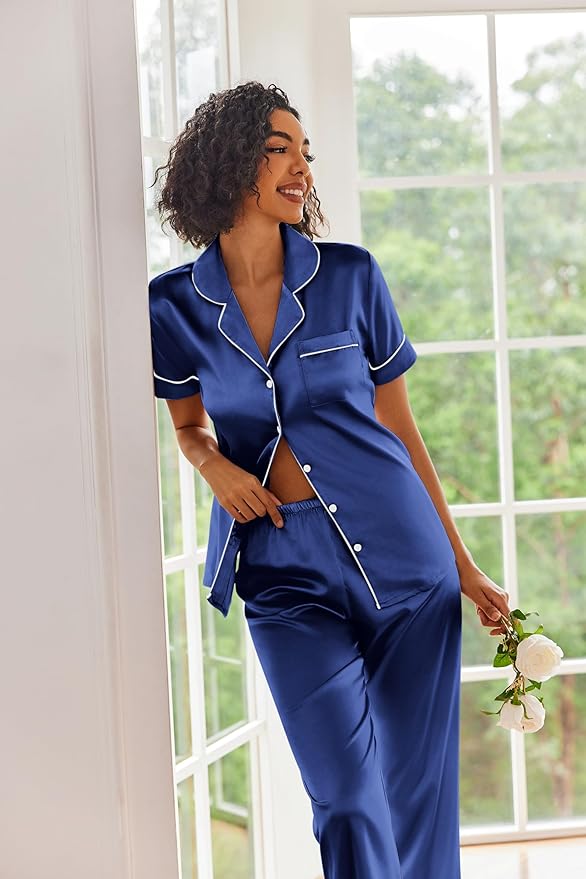 Ekouaer Silk Satin Pajamas Set Women Short Sleeve Sleepwear Soft Button Down Loungewear Pjs Set