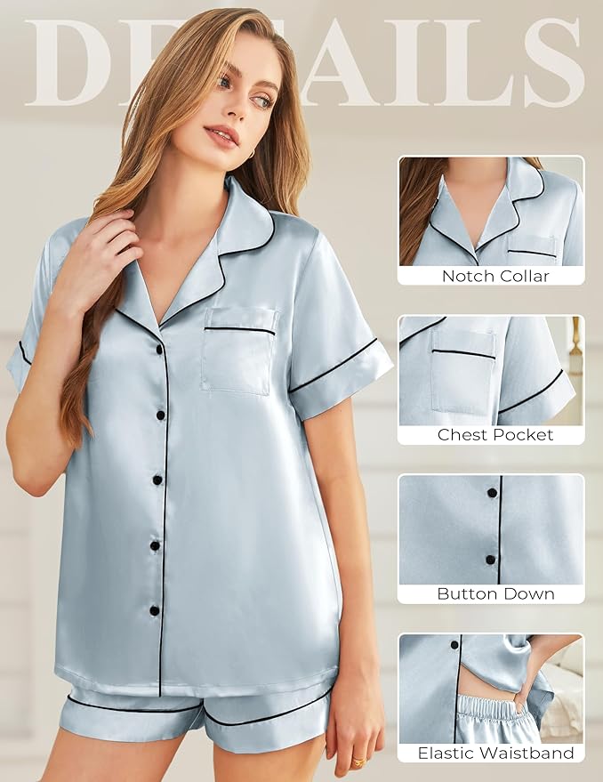 Silk Pajamas for Women Short Sleeve Sleepwear Soft Button Down Loungewear 2 Piece Satin Pjs Shorts Set S-XXL