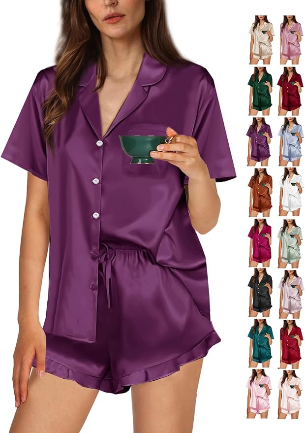 WJing Yi Jia Ruffle Pajama Sets For Women XS-4XL Womens Silk Satin Pajamas Set Silky Sleepwear Pj Sets Nightwear Loungewear