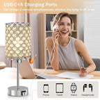 GyroVu Set of 2 Silver Crystal Touch Table Lamps for Bedroom, Dimmable Modern Bedside Lamps with USB-C & USB-A Ports, Nightstand Desk Lamps for Living Room & Home Office - Bulbs Included