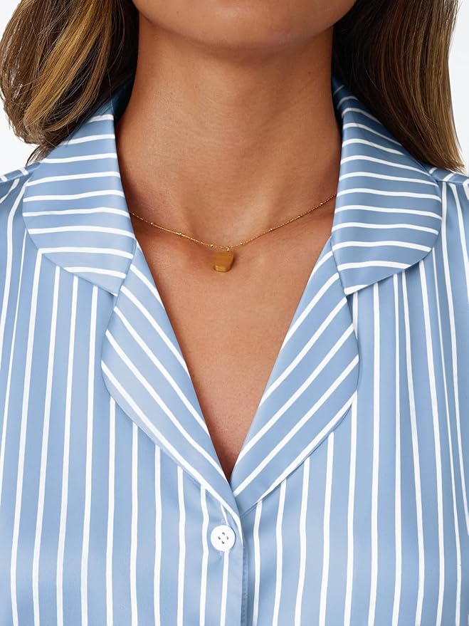 LILLUSORY Womens Satin Silk Pajamas Set 2 Piece Ruffle Pjs Winter Matching Lounge Sleepwear Button Down Striped Shirt Shorts