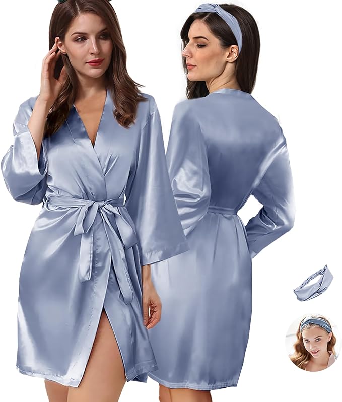 WJing Yi Jia 2Pcs Womens Floral Kimono Robe Silk Robes Bride Bridesmaid Satin Robes Bridal Dressing Gown Silky Bathrobe