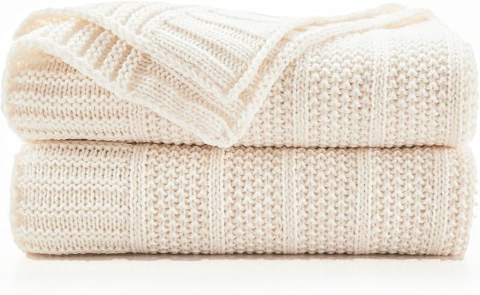 Douceur Cream Throw Blanket for Bed, Soft Cozy Lightweight Stripe Pattern Knitted Throw Blanket for Sofa, Living Room, 60"X80"