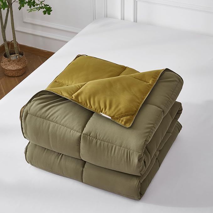 HIG 3pc Dark Olive Queen Size Comforter Set - All Season Reversible Down Alternative Comforter with Two Shams - Quilted Duvet Insert with Corner Tabs - Box Stitched Blanket - Breathable, Soft, Fluffy