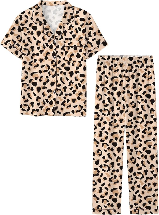 Umeyda Girls Womens Pajamas Set, Satin Silky Button Down Loungewear 2 Piece Short Sleeve Pants PJS Sets for Mommy Kids