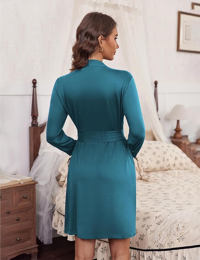 Ekouaer Women‘s Robes Lightweight 3/4 Sleeve Short Knit Bathrobe Soft Knee Length Sleepwear Robes with Pockets S-XXL