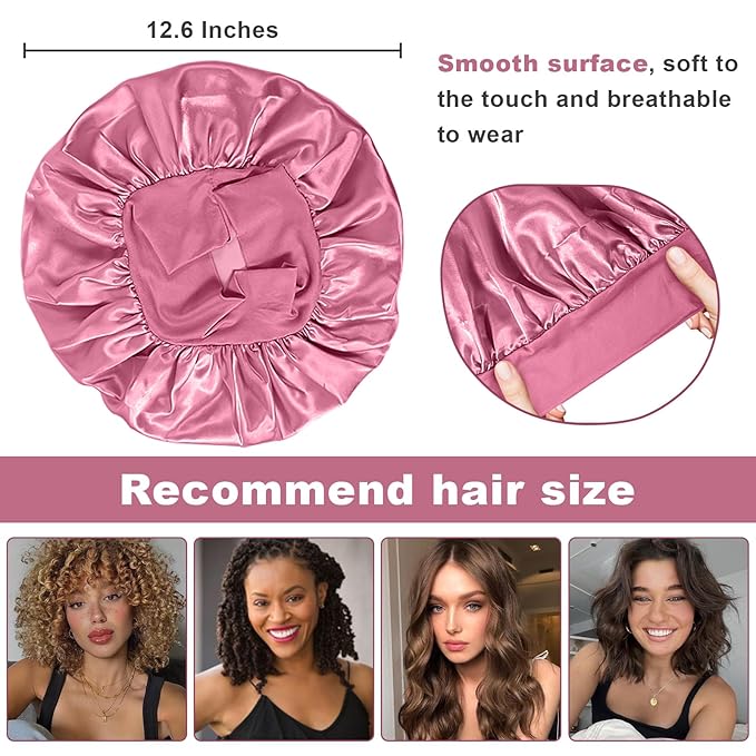 4Pcs Satin Bonnet Silk Bonnet, Hair Bonnet for Sleeping, Elastic Wide Band Silk Sleep Cap, Soft and Breathable(Rose Pink*4)