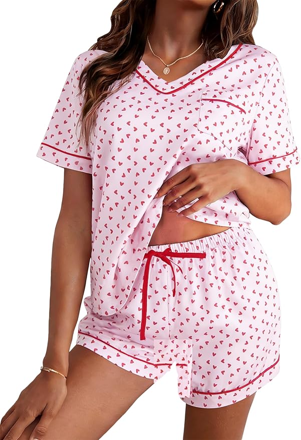 ASTANFY Valentines Day Pajamas Women 2 Piece Silk Valentine Pjs Cute Heart Pajamas V Neck Satin Sleepwear Loungewear Set