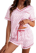 ASTANFY Valentines Day Pajamas Women 2 Piece Silk Valentine Pjs Cute Heart Pajamas V Neck Satin Sleepwear Loungewear Set