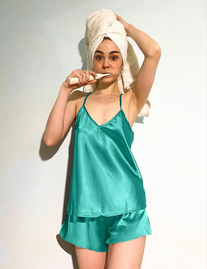 Ekouaer Silk Pajamas for Women Satin Cami Pjs Set V Neck Camisole Shorts Set Adjustable Strap Sleepwear