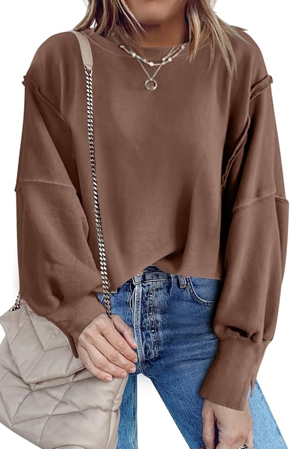 Nirovien Womens Oversized Crewneck Sweatshirt Side Slit Long Sleeve Pullover Slouchy Fit Tops