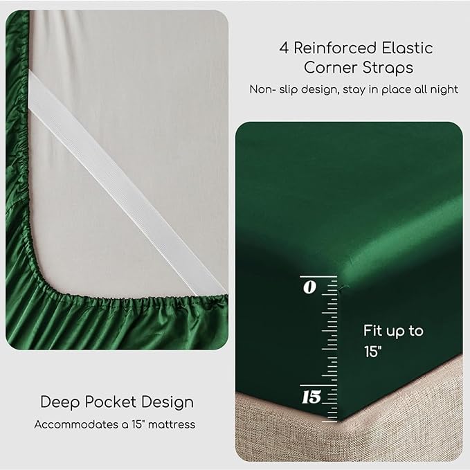 MR&HM Satin Bed Sheets, Twin XL Size Sheets Set, 3 Pcs Silky Bedding Set with 15 Inches Deep Pocket for Mattress (Twin XL, Dark Green)