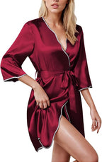 Ekouaer Women Silk Robes Short Satin Bathrobe 3/4 Sleeve Kimono Bride Robe Valentines Silky Sleepwear with Pockets S-XXL