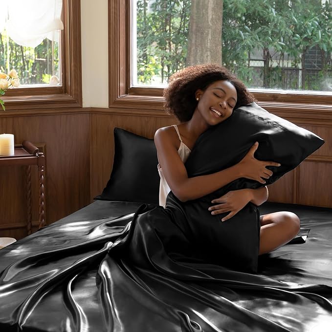CozyLux Satin Sheets Twin XL Sheets - 3 Piece Silky XL Twin Sheet Set, Luxury Extra Long Black Sheet with Smooth and Soft Microfiber, Includes 1 Fitted Sheet, 1 Flat Sheet and 1 Pillowcase