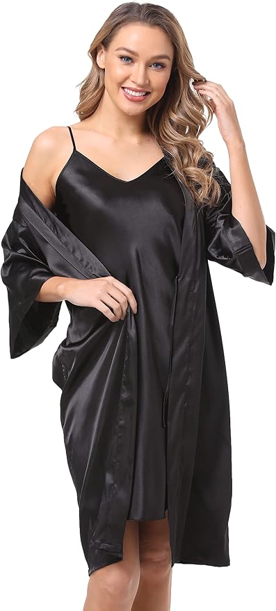 Women's Satin Robes Set with Nightgown Silk Kimono Pajamas 2 Piece Sleepwear Camisole Wedding Bride Gown Set