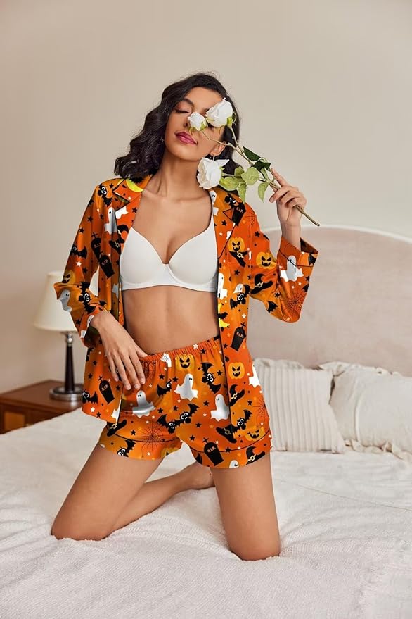 Ekouaer Satin Pajama Set for Women Button Down Pj Set Long Sleeve Top and Shorts 2 Piece Loungewear Summer Soft Sleepwear