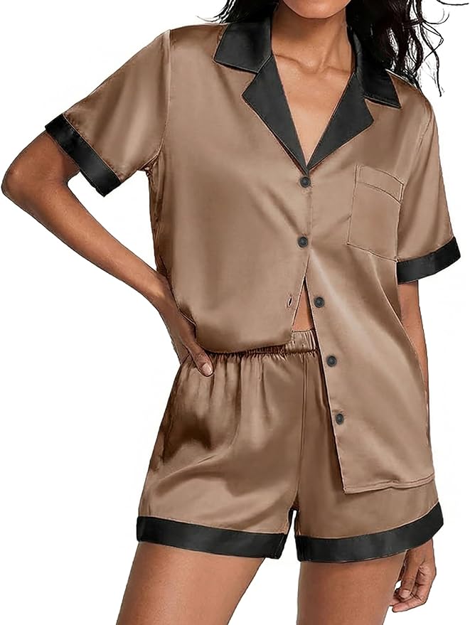 Ekouaer Womens Silk Satin Pajamas Set Short Sleeve Sleepwear Button Down Loungewear 2 Piece Pjs Shorts Set