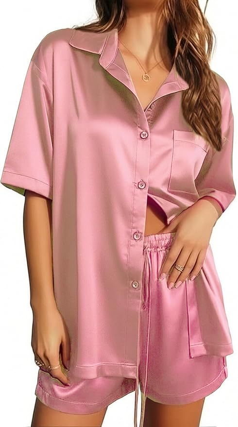 Ekouaer Pajamas for Women Silk Satin Pjs Soft Sleepwear Short Sleeve Button Down Pjs Top and Shorts 2 Piece Lounge Set S-XXL