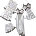 Women's 4pcs Silk Satin Pajamas Set Floral Lace Trim Dress with Robe Lounge Sleepwear Nightdress Novelty Loungewear