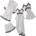 Women's 4pcs Silk Satin Pajamas Set Floral Lace Trim Dress with Robe Lounge Sleepwear Nightdress Novelty Loungewear