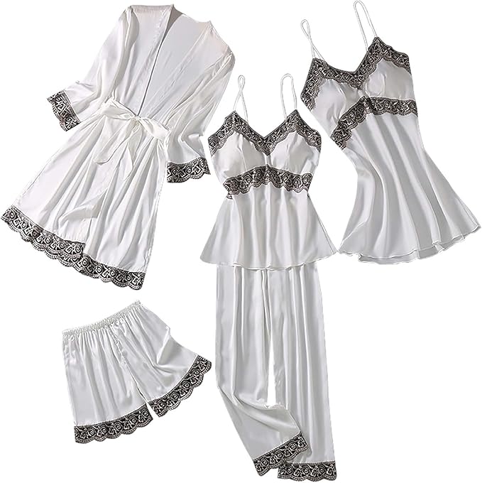 Women's 4pcs Silk Satin Pajamas Set Floral Lace Trim Dress with Robe Lounge Sleepwear Nightdress Novelty Loungewear