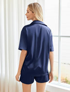 Ekouaer Pajamas for Women Silk Satin Pjs Soft Sleepwear Short Sleeve Button Down Pjs Top and Shorts 2 Piece Lounge Set S-XXL