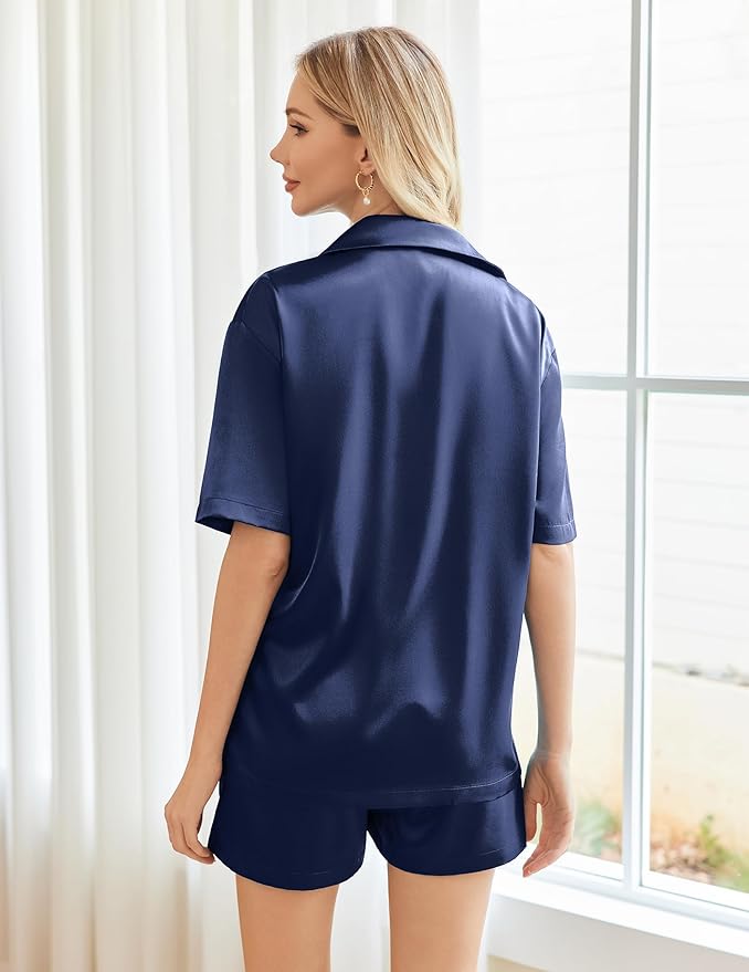 Ekouaer Pajamas for Women Silk Satin Pjs Soft Sleepwear Short Sleeve Button Down Pjs Top and Shorts 2 Piece Lounge Set S-XXL