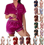 WJing Yi Jia Womens Silk Satin Pajamas Loungewear Two-Piece Sleepwear Button-Down Floral Pj Set XS-4XL