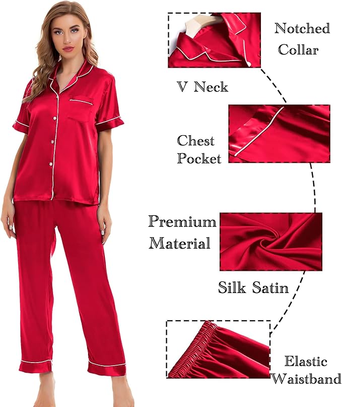 SWOMOG Women Satin Pajamas Set Short Sleeve Top & Pants Sleepwear Silky Button Down Nightwear 2pcs Loungewear Pjs Set