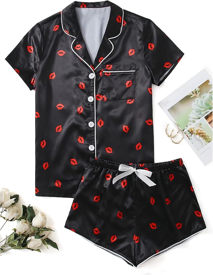 WDIRARA Women's Sleepwear Satin Short Sleeve Shirt and Shorts Pajama Set