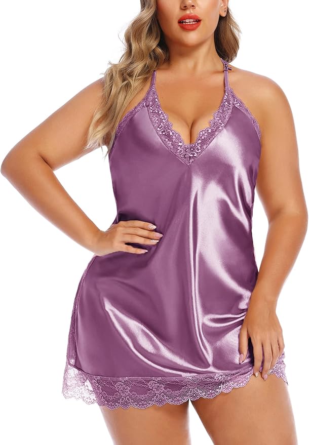 Avidlove Women Lingerie Plus Size Satin Lace Chemise Nightgown Sexy Full Slips Sleepwear L-4XL