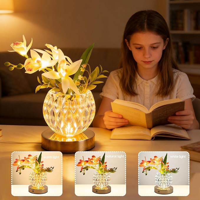 Flower Table Lamp, Orchid Flower with Crystal Vase Lamp, Cordless Touch Desk Light, 3 Colors Dimming & Rechargeable, Small Night Light for Bedroom Home, Romantic Gifts for Girl Women (White)