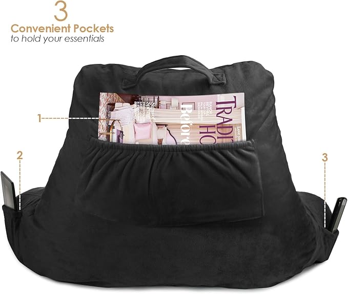 Clara Clark Reading Pillow with Shredded Memory Foam for Sitting Up in Bed and Couch, Back and Arms Adjustable Support for Adults & Teens Backrest Pillows for Reading, with Washable Cover Black