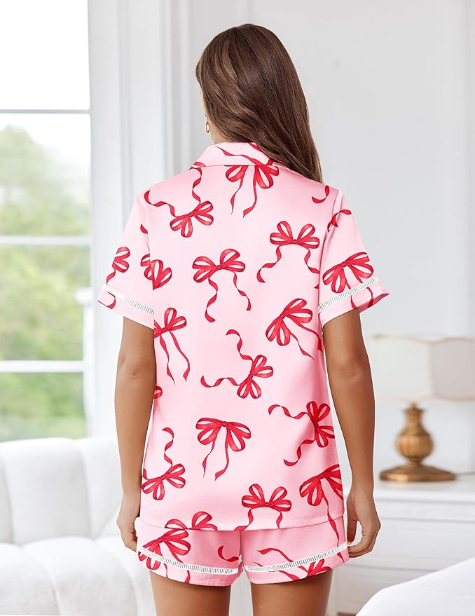 Ekouaer Womens Silk Pajama Sets Button Up Satin Pjs Short Sleeve 2 Piece Pj Sets Cute Lounge Sets with Chest Pocket
