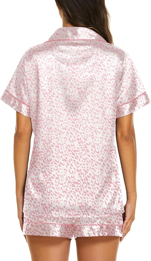 Ekouaer Silk Pajamas for Women Short Sleeve Sleepwear Soft Button Down Loungewear 2 Piece Satin Pjs Shorts Set