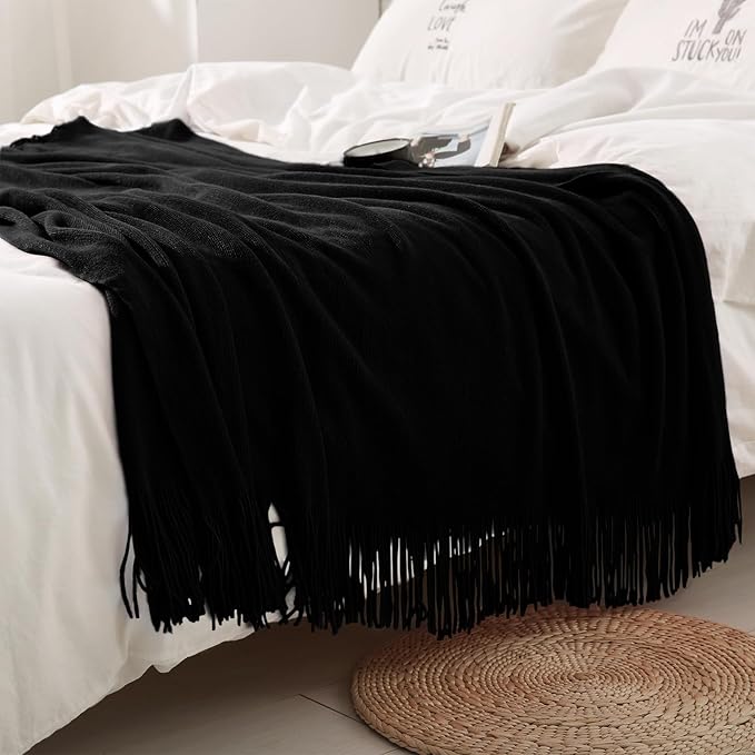 Homiest Decorative Knitted Throw with Fringe, Lightweight Acrylic Knit, Soft Tassel for Couch, Sofa, Bed (Black, 50 x 60 Inch)