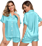 LecGee Womens Silk Satin Pajamas Short Sleeve Loungewear Two-Piece Sleepwear Button-Down Pj Set