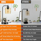 Set of 2 Industrial Touch Control Table Lamps with 2 USB Ports and AC Outlet - 3-Way Dimmable Black Bedside Lamp Nightstand Desk Lamps for Bedroom Living Room, Amber Glass Shade & 2 LED Bulbs Included