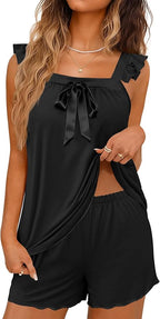 Ekouaer Women's Pajamas Sets 2 Piece Bow Bridal Pajama Cute Tank Top and Shorts Pjs Soft Ruffle Sleepwear XS-2XL