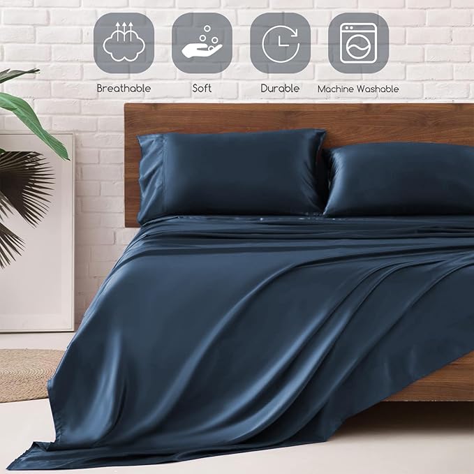 MR&HM Satin Bed Sheets with Elastic Corner Straps, King Size Sheets Set, 4 Pcs Silky Bedding Set with 15 Inches Deep Pocket for Mattress (King, Mood Indigo)