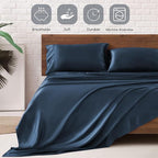 MR&HM Satin Bed Sheets with Elastic Corner Straps, Queen Size Sheets Set, 4 Pcs Silky Bedding Set with 15 Inches Deep Pocket for Mattress (Queen, Mood Indigo)