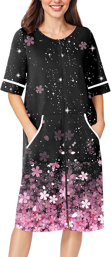Ekouaer Women Zipper Robe Short Sleeve Duster Housecoat Short Bathrobes Zip Front Nightgown with Pockets S-3XL