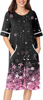 Ekouaer Women Zipper Robe Short Sleeve Duster Housecoat Short Bathrobes Zip Front Nightgown with Pockets S-3XL