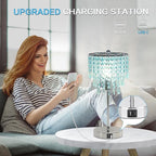 Touch Control Crystal Table Lamp, Dual USB Bedside Lamps for Bedroom, 3-Way Dimmable Nightstand Lamp with Elegant Teal Shade for Living Room, Girls Room, Office, B11 6W LED Bulb Included